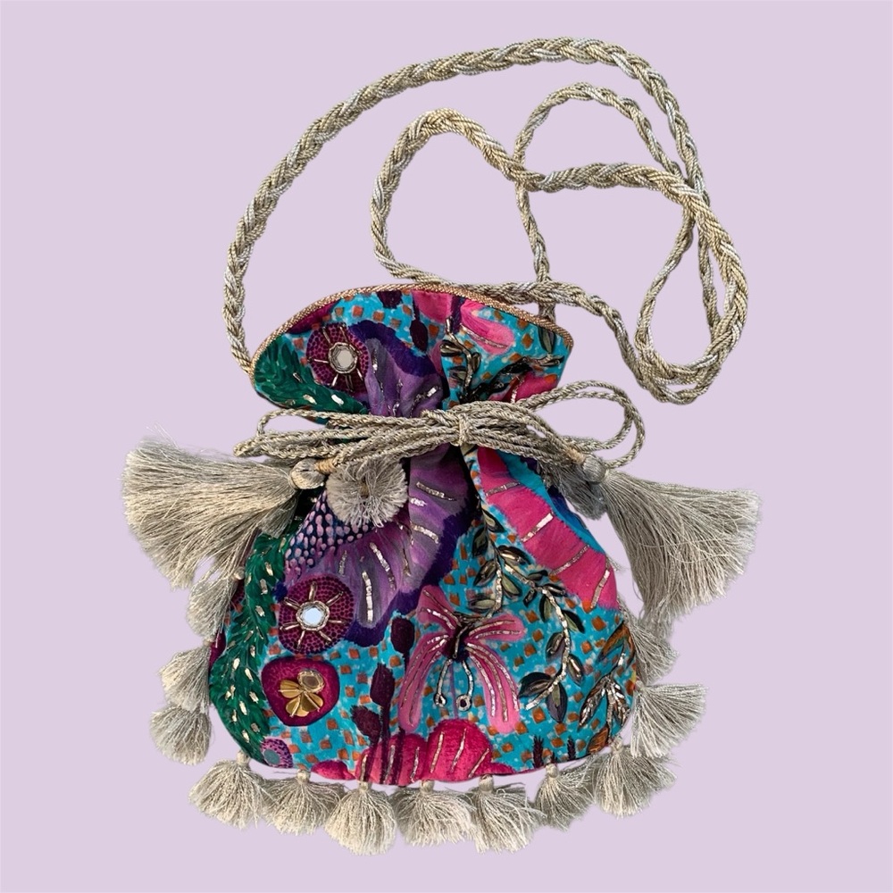 Payal Singhal Colorful Floral Butterfly Print Dupion Silk Sling Potli Pouch Bag